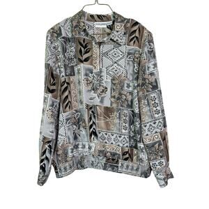 Alfred Dunner VINTAGE Silky Polyester Tan Gray Abstract print blouse Size 16‎